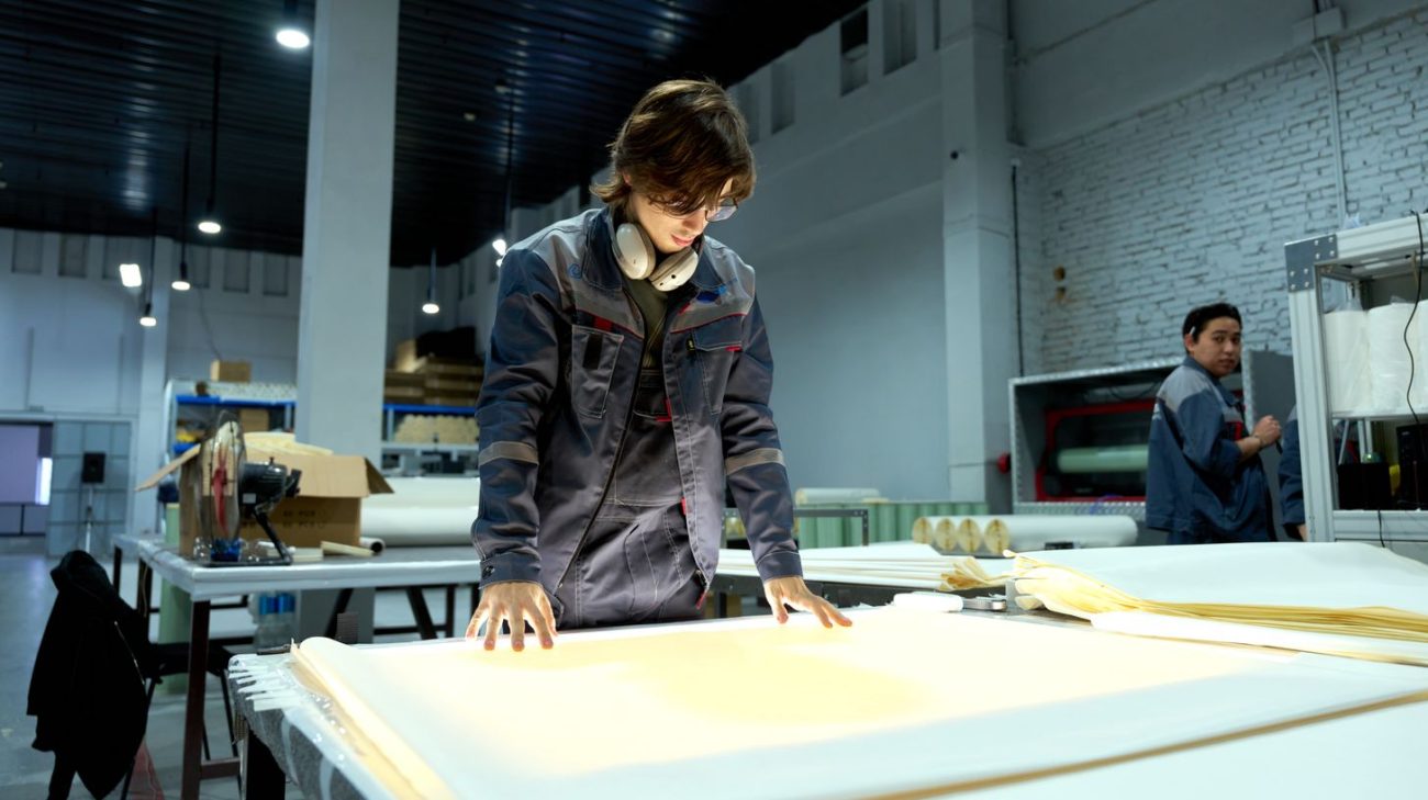 Factory worker examining printed sheets as part of a barcode verification routine