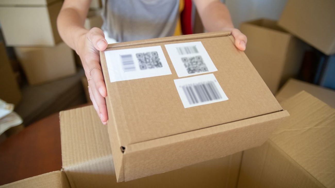 Person holding a labelled carton with a barcode on the side