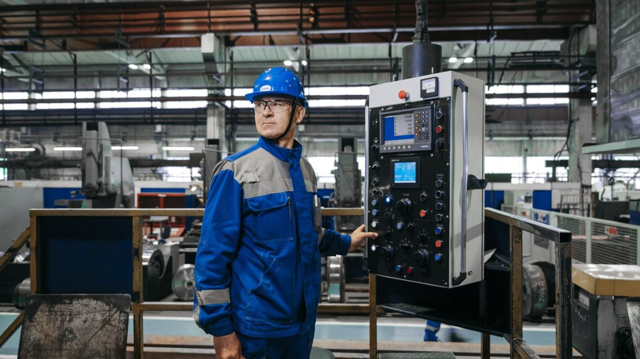 Operator following a start-of-shift checklist at a packaging machine