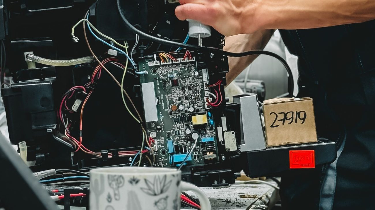 Technician servicing a label printer with tools on a workbench